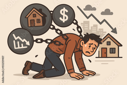 Financial burden metaphor. Stressed man carries heavy weights of debt, representing mortgage and economic crisis. Concept for financial struggle, recession, personal bankruptcy, loan stress.