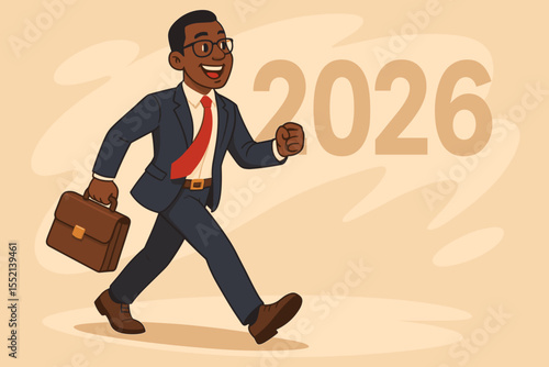 Confident Black businessman striding towards 2026. Ambitious entrepreneur concept for new year business goals, career success, growth, challenges and future opportunities. Vector.