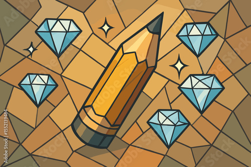 Creative value concept with pencil and diamonds. Stained glass mosaic style vector. Metaphor for premium content, quality art, design ideas, and valuable knowledge or skills.