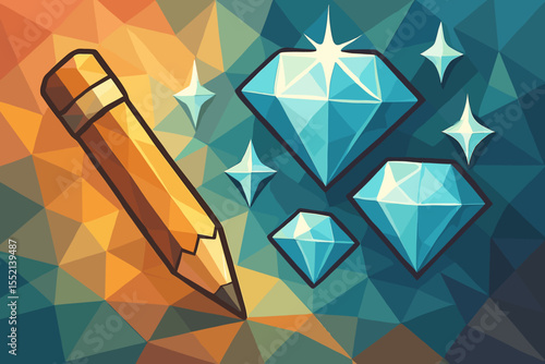 Creative process concept with a pencil drawing brilliant diamonds. Metaphor for valuable ideas, premium quality, art, and graphic design. Vector illustration on a low poly background.