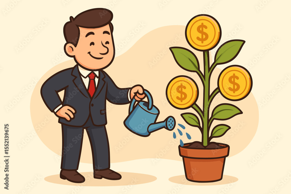 Businessman watering a money tree plant. Financial growth and investment concept. Investor nurturing a plant with gold coins symbolizing profit, wealth, and success. Cartoon vector. Businessman watering a money tree plant. Financial growth and investment concept. Investor nurturing a plant with gold coins symbolizing profit, wealth, and success. Cartoon vector.