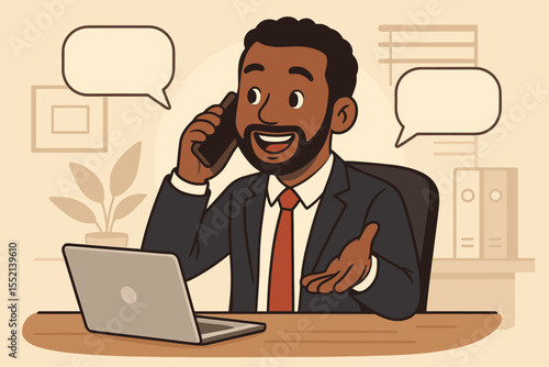 African American businessman communicating on the phone. Professional manager or office employee making a business call. Customer service, support, and telemarketing concept illustration.