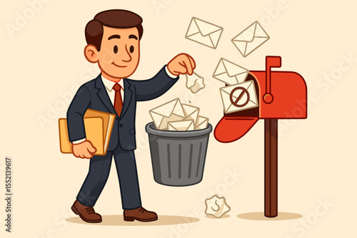 Businessman sorting mail at a mailbox, throwing unwanted spam and junk letters in the trash. Concept for inbox decluttering, email management, and filtering communication. Vector illustration.