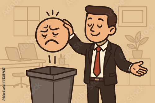 Businessman gets rid of stress, finds peace. Metaphor for mental health and well-being. Employee throws bad emotion face in trash. Eliminating work anxiety and burnout concept.