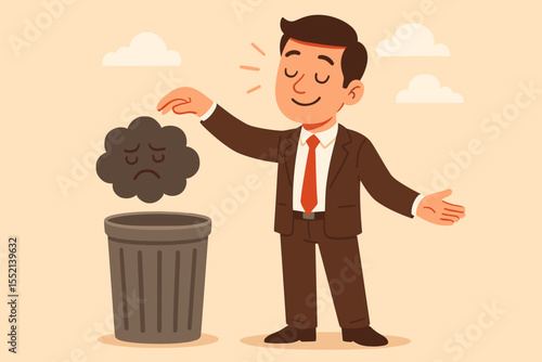 Stress relief concept. Businessman throwing sad cloud into trash. Metaphor for mental health, eliminating anxiety, depression, burnout. Finding peace, getting rid of bad mood and problems.