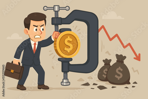 Economic crisis metaphor. Businessman squeezing a dollar coin in a clamp. Concept for financial pressure, recession, budget cuts, austerity, debt, and market crash. Vector art.