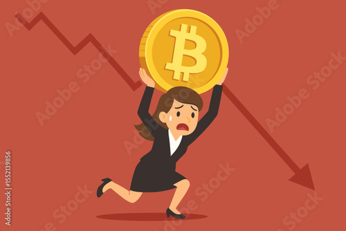 Stressed businesswoman cartoon carrying heavy bitcoin as cryptocurrency value crashes, financial crisis, digital currency market collapse, risk investment, falling prices, panic selling concept
