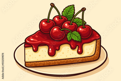 Delicious cherry cheesecake slice with juicy cherries, mint leaves, creamy filling, crispy crust, drizzled cherry sauce. Sweet dessert vector illustration for bakery, pastry, cafe, menu design