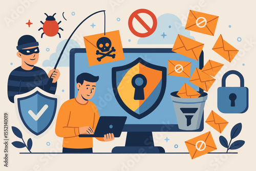 Cybersecurity defense concept against phishing, malware, spam emails. Computer security protection, spam filtering, hacker, antivirus, shield lock icons. Digital safety vector illustration.