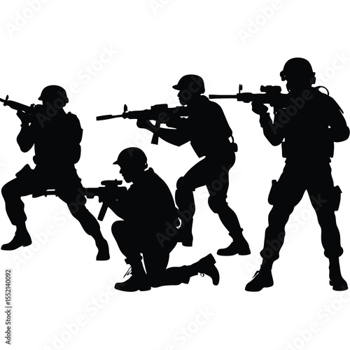 Four Soldiers in Tactical Gear Aiming Rifles Silhouette