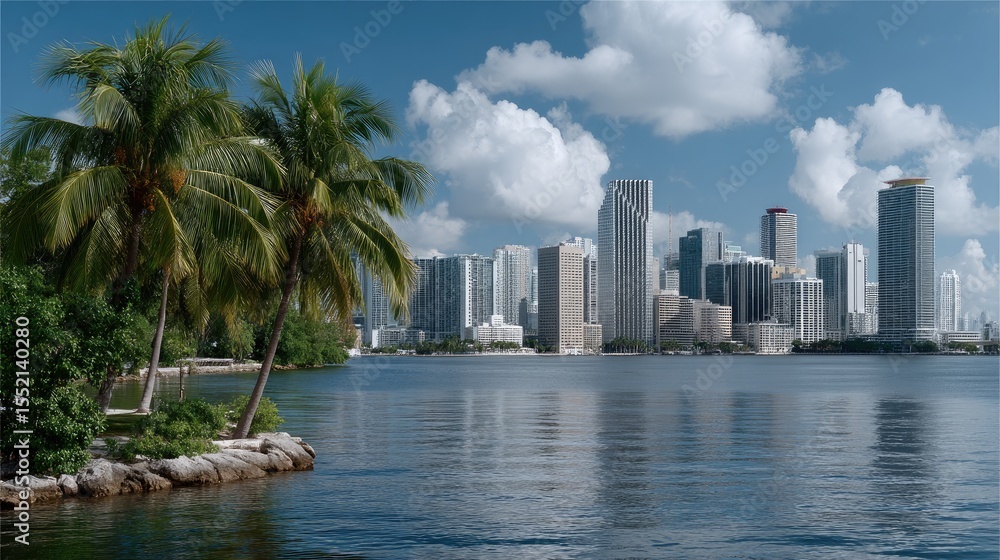 Naklejka premium Vibrant skyline reflects in calm waters with swaying palm trees creating a tropical atmosphere on a bright sunny day