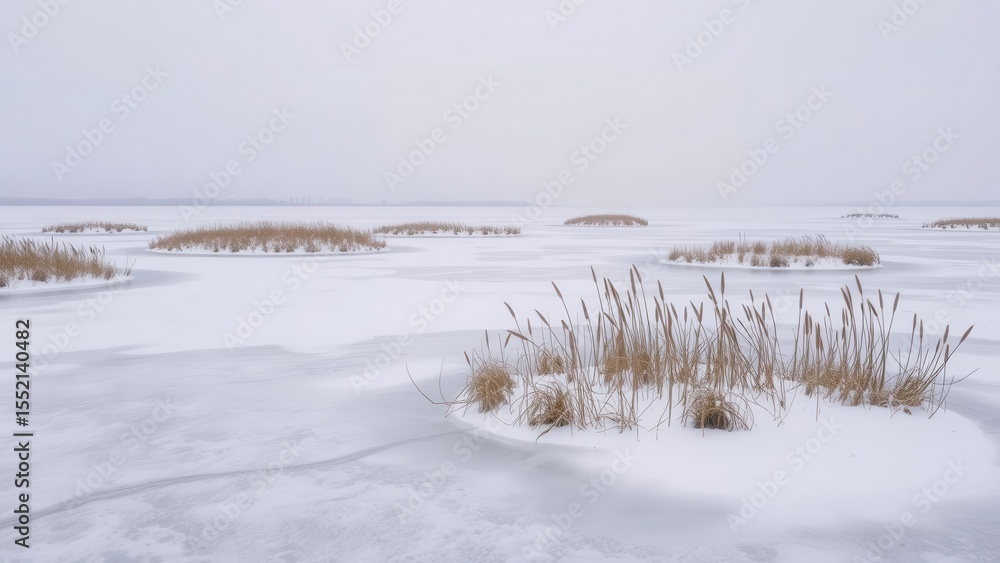 Naklejka premium Frozen Lake with Reeds Emerging from Ice 