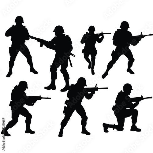 Seven black silhouettes of soldiers with rifles military 1