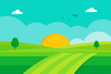 Gordijnen Koraalgroen vector illustration of a rural landscape  © HAFIJUR