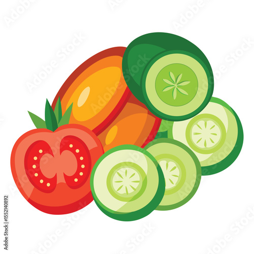 Fresh greek salad on a white platter. Tomatoes, cucumbers, feta cheese, lettuce leaves, olives, sweet peppers and onions. Mediterranean diet. Top view vector illustration on a white background
