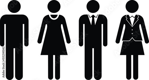 Diverse Black Silhouettes Representing Men and Women in Casual and Business Attire, Symbolizing Gender, Professionalism, Equality, Workforce, Human Resources, and Social Dynamics, Ideal for Modern.