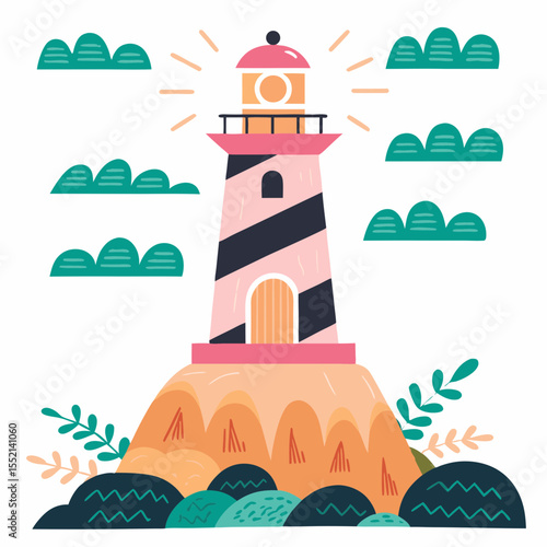 Cartoon lighthouse on a rocky island