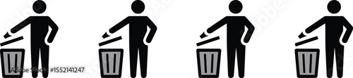 Person Discarding Trash into a Bin Icons, Representing Waste Disposal, Recycling, Cleanliness, Environmental Responsibility, Litter Prevention, Public Hygiene, and Trash Management Symbols for.