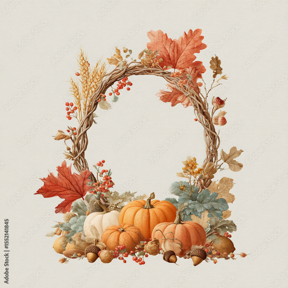 Fototapeta premium Colorful autumn wreath made of leaves, pumpkins, and acorns for seasonal decoration during fall celebrations