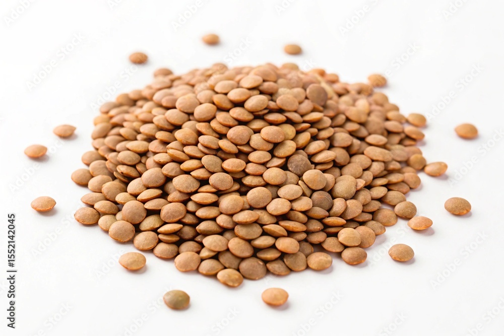 Uncooked brown lentils in a pile on clean white background
Uncooked brown lentils in a pile on clean white background
