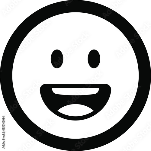 Smiling Happy Face Emoticon Icon with Joyful Expression, Simple Black and White Design, Universal Symbol of Happiness, Positive Emotion, Contentment, Digital Communication, Social Media.