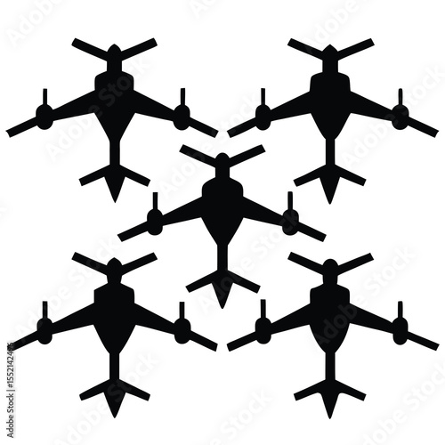 Six Black Silhouette Drones Arranged in a Pattern white