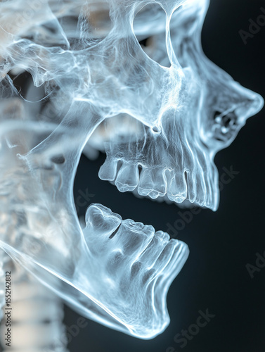 X-ray image of a human jaw showing teeth and bone structure. Ideal for dental care, orthodontics, maxillofacial surgery, and medical imaging themes.