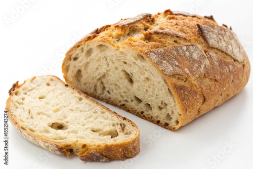 Loaf of rustic artisan bread with one slice cut on white background


