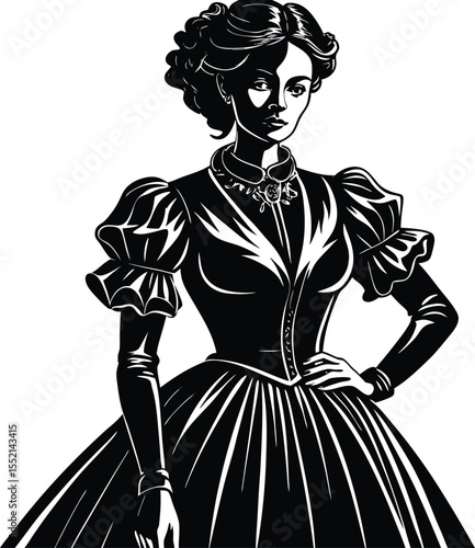 Elegant woman in a vintage black gown, a fashion illustration of a glamorous lady with a retro design style