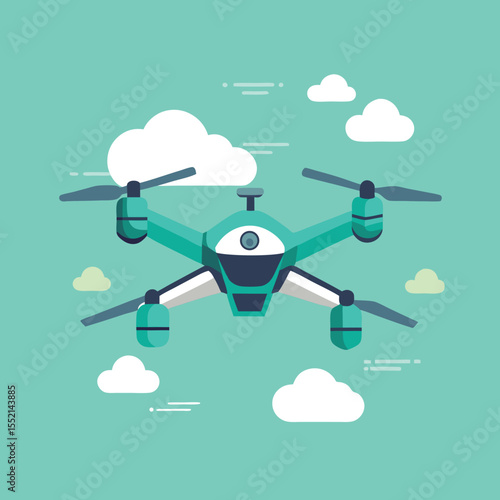 Teal drone with camera flying in sky with clouds quadcopter