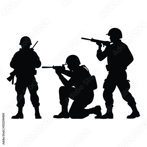 Three silhouetted soldiers in combat gear with rifles