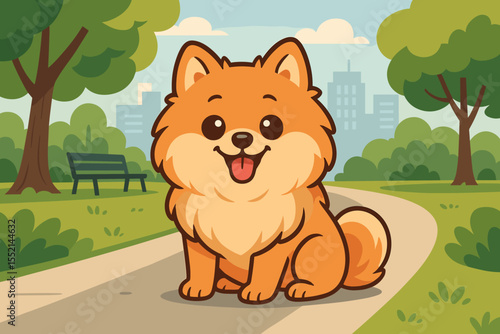Cute Pomeranian dog cartoon character happily sitting in a city park. Adorable fluffy Spitz puppy on a walk outdoors. Vector illustration for pet care, vet, or animal shelter.