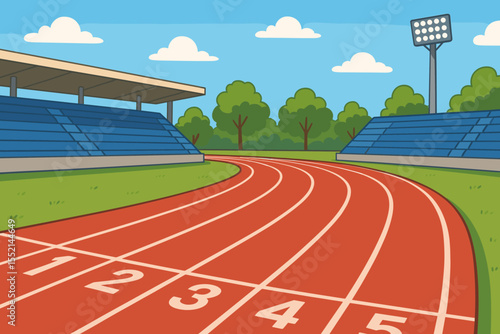 Athletic running track stadium background. Empty sports arena with start line numbers for competition. Track and field concept for race, marathon, sprint, and training vector illustration.