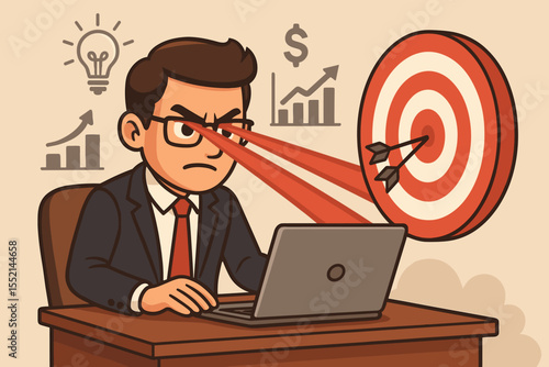 Metaphor for business focus and determination. Businessman with laser eyes hits a target bullseye. Concept for goal achievement, ambition, strategy, precision, and success.