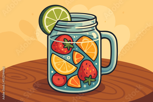 Refreshing fruit infused water in a glass mason jar mug. Summer detox beverage with fresh strawberries, orange slices, and lime. Healthy lifestyle cartoon vector illustration.