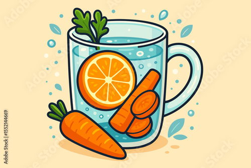 Citrus carrot infused water vector illustration. Healthy detox drink concept with fresh orange and carrot. Refreshing beverage for a healthy lifestyle and diet. Simple cartoon art.