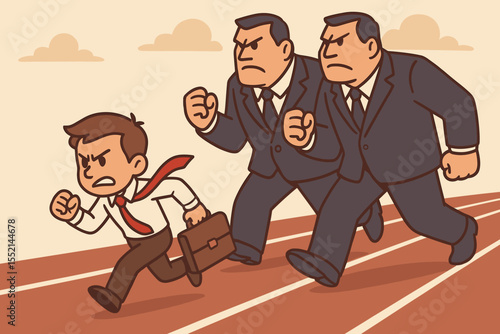 Corporate competition concept. Businessman underdog runs race against big company rivals. Metaphor for business challenge, career pursuit, market pressure and ambition. Rat race.