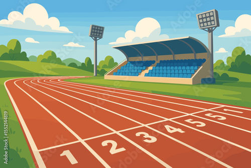 Athletic running track with numbered starting lanes in an outdoor sports stadium. Empty arena with grandstand for competition, race, or marathon. Track and field concept vector.