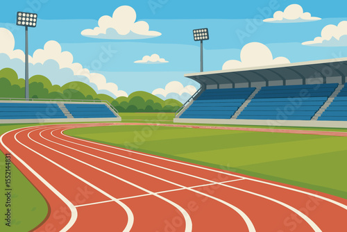 Empty outdoor athletics stadium with a red running track and grandstand. Sports arena background with lanes for competition, race, or championship. Vector cartoon illustration.