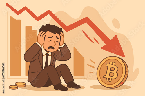 Bitcoin price volatility concept. Sad investor facing huge losses in the crypto market crash. Desperate businessman bankrupt with a falling chart and red down arrow. Financial crisis.