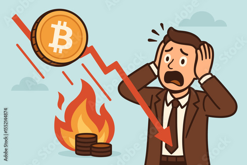 Bitcoin price crash concept illustration. Panicked investor faces huge losses in the crypto market. Stressed businessman and falling cryptocurrency value. Financial crisis metaphor.