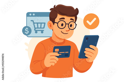 Young man shopping online, paying with a credit card via smartphone. E-commerce concept of a customer making a successful purchase in an internet store. Digital payment vector.