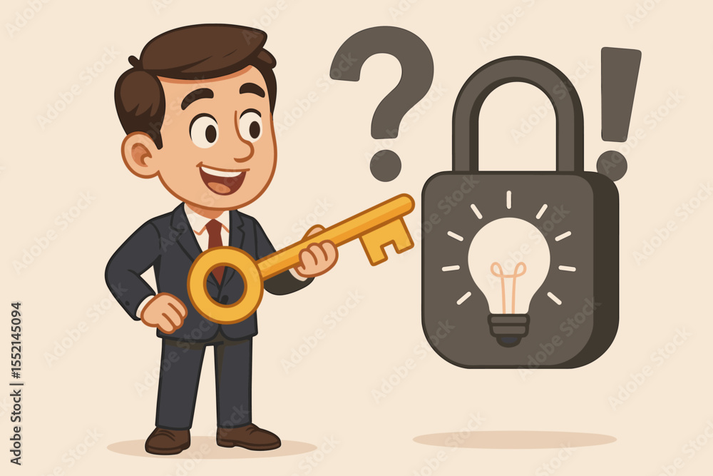 Businessman holding key to unlock padlock with a light bulb idea. Business concept of finding a solution to a problem. Metaphor for success, innovation, opportunity and problem-solving. Businessman holding key to unlock padlock with a light bulb idea. Business concept of finding a solution to a problem. Metaphor for success, innovation, opportunity and problem-solving.