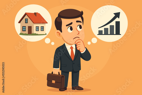 Work-life balance dilemma concept. Businessman choosing between buying a house and career growth. Confused man thinking about real estate investment versus financial success.