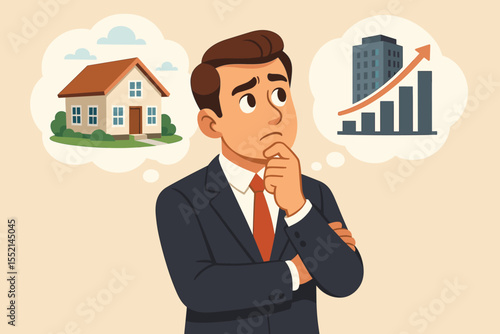 Work-life balance dilemma concept. Businessman choosing between buying a house and career success. Financial decision and investment choices. Future planning vector illustration.