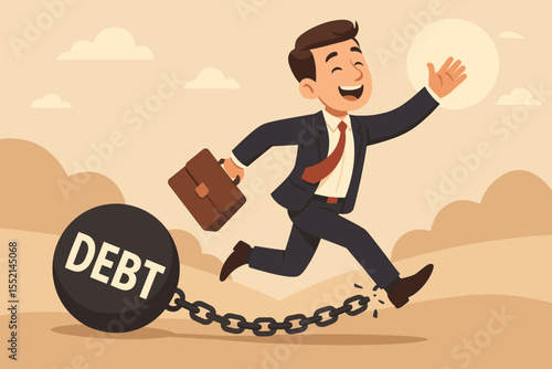 Businessman breaking free from debt ball and chain, achieving financial freedom. Man escaping loan burden, mortgage crisis. Success, liberation, finance concept vector illustration.