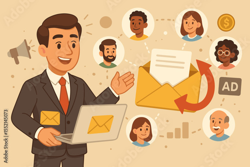 Businessman Managing Email Marketing Campaign, Direct Digital Advertising Strategy, Sending Online Promotional Messages to Target Audience, Communication Network, Vector Cartoon Illustration