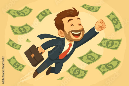 Happy cartoon businessman flying like a superhero through a rain of money bills. Financial success, wealth, and prosperity concept. Vector illustration of a successful manager.