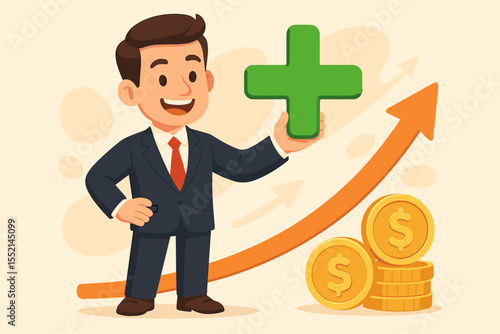 Businessman holding plus sign to illustrate increased value and profit. Concept of adding value for market advantage and business growth. Financial success with upward arrow and coins.