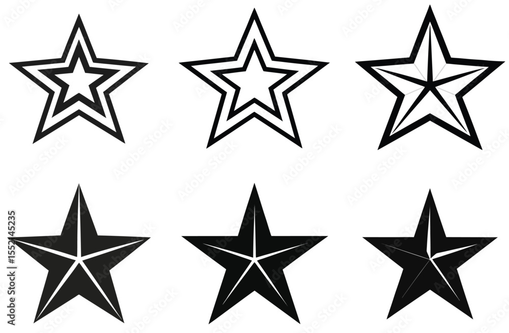 Fototapeta premium Six black and white star graphics with varied geometric designs stars icon